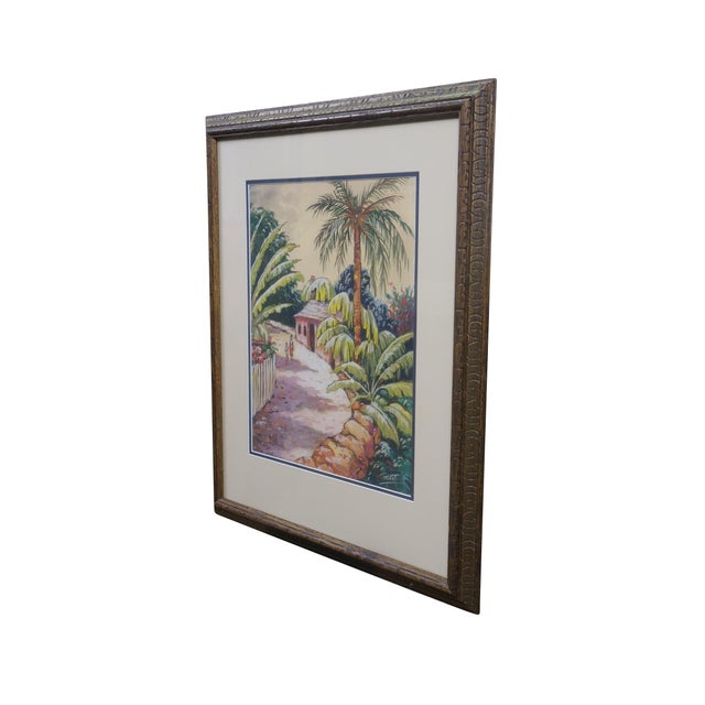 Vintage Talbot watercolor on silk titled Tropical Garden. It depicts a village scene with two figures walking along a path...
