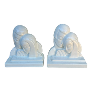 Mid 20th Century Art Deco Lovers Glossy White Ceramic Bookends - a Pair