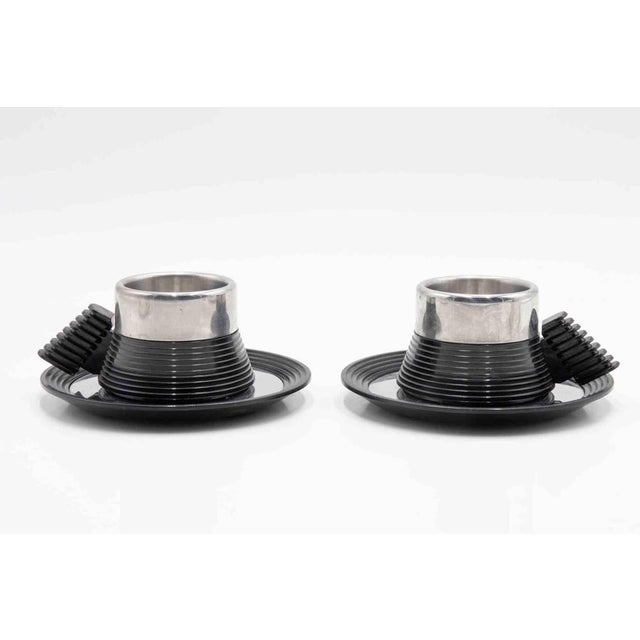 Stainless Steel Espresso Cups Set with Plates by Carlo Giannini, 1970s, Set of 4 For Sale - Image 3 of 8