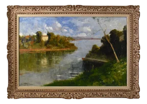 Costanzo Waldemaro Figlinesi, Landscape with River, Oil on Canvas, 1949, Framed