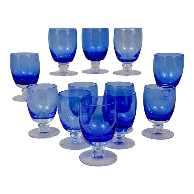 William Yeoward England Bess Blue and Clear Hand Blown Signed Glasses - Set of 12 For Sale