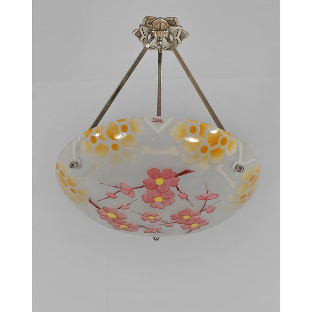 Eddé Dannhauser French Art Deco Pendant Light 1930s - Enameled Cherry Blossom Bowl For Sale - Image 4 of 10