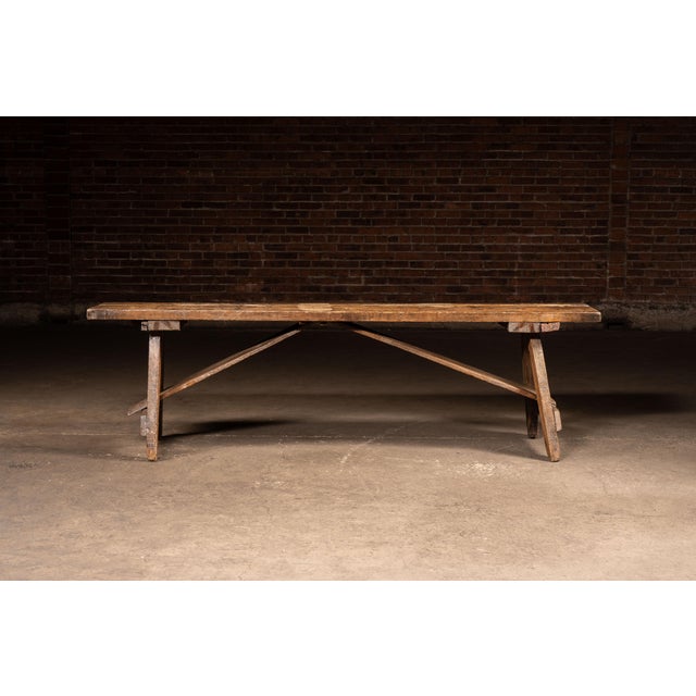 Industrial Primitive Pine Trestle Work Bench For Sale - Image 3 of 12
