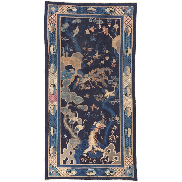 77215 Antique Chinese Pictorial Baotou Rug Bai Niao Chao Feng Rug, 06'00 x 11'06. This hand knotted wool antique Chinese...
