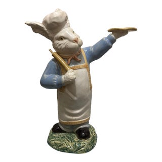 Whimsical Vintage Ceramic Pizza Chef Bunny Figurine - 12" Hand-Painted Baker Rabbit For Sale