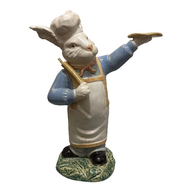 Whimsical Vintage Ceramic Pizza Chef Bunny Figurine - 12" Hand-Painted Baker Rabbit For Sale
