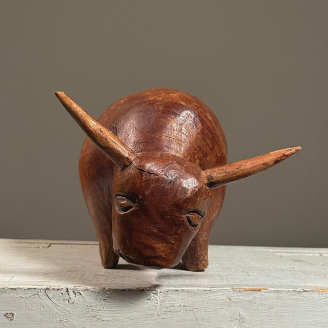 1930s Antique Hand Carved Folk Art Bull Sculpture For Sale - Image 5 of 12
