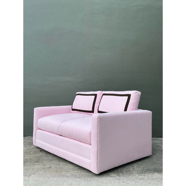 Wood Vintage Cr Laine Loveseat in Romo “Linea Rosewater” With Samuel and Sons Trim For Sale - Image 7 of 12