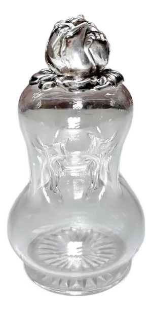 Antique Sterling Silver & Crystal Sugar Pourer | Art Nouveau Rosebud Lady Lid | 6.25”