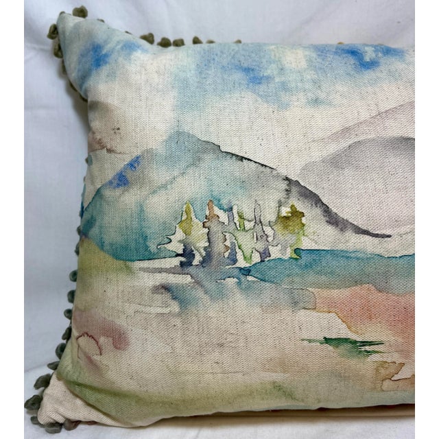 Large Decorative Bolster Pillow Embellished With a Majestic Water Color Look Scenic Valley & Mountain Print - Made in the U K For Sale In Dallas - Image 6 of 11