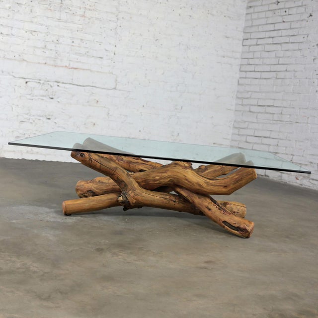 1990s 1990’s Coffee or Cocktail Table With Natural Rustic Twisted Tree Limb Base & Rectangle Glass Top For Sale - Image 5 of 12