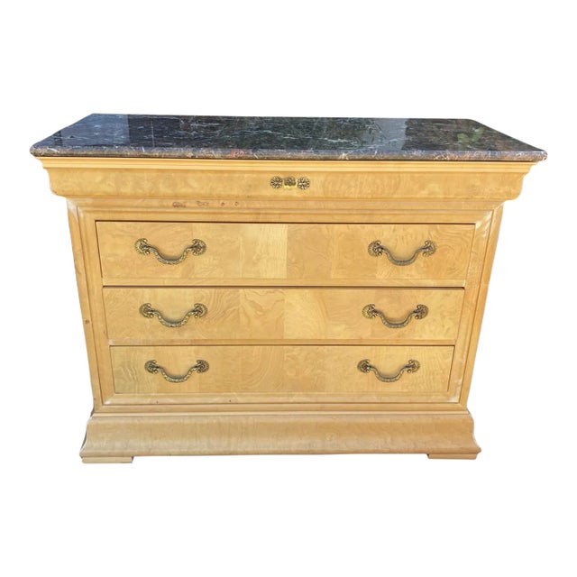 Mid 20th Century Vintage Henredon Charles X Collection Burl Elm Marble Top Chest For Sale