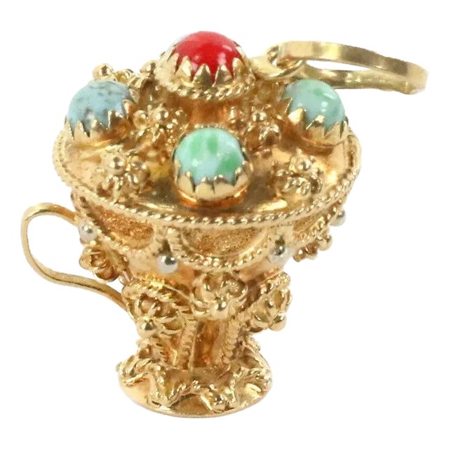 Turquoise & Coral 18k Gold Etruscan Design Champion Cup Charm Pendant For Sale