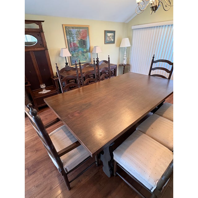 1940s 1940s Spanish Style Mahogany Dining Table + Matching 8 Chairs For Sale - Image 5 of 9