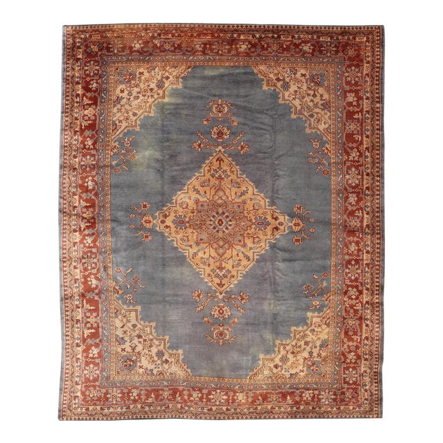 Antique Turkish Oushak Rug With Slate Blue Field With Warm Brown Border 10'10 X 14'0 For Sale