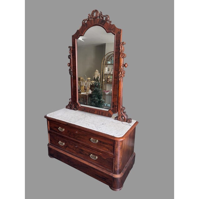 Wood Antique Victorian Rosewood Marble Top Ladies Dresser With Mirror For Sale - Image 7 of 11