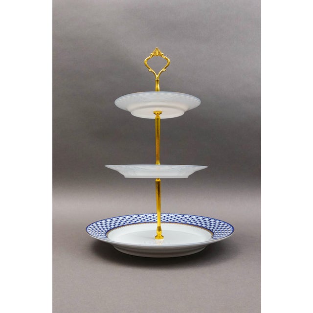 Contemporary Late 20th Century Lomonosov Blue Gold Net Imperial Porcelain 3-Tier Dessert Cake Stand For Sale - Image 3 of 6