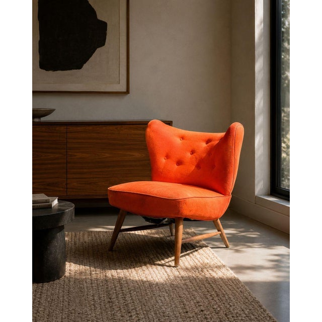Elias Svendberg, Swedish Mid-Century Modern, Easy Chair, Wood, Red Fabric, Sweden, 1940s A shapely and rare '201 Armless...