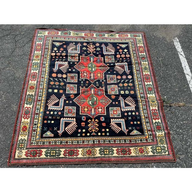 Antique Kazak Rug | Bold Geometric Tribal Design, Navy Field | 5'5"x6'5" For Sale - Image 4 of 7