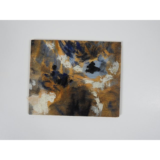 Small mid 20th century abstract oil on canvas board painting of dark shadows on yellow background. Unsigned, from the...