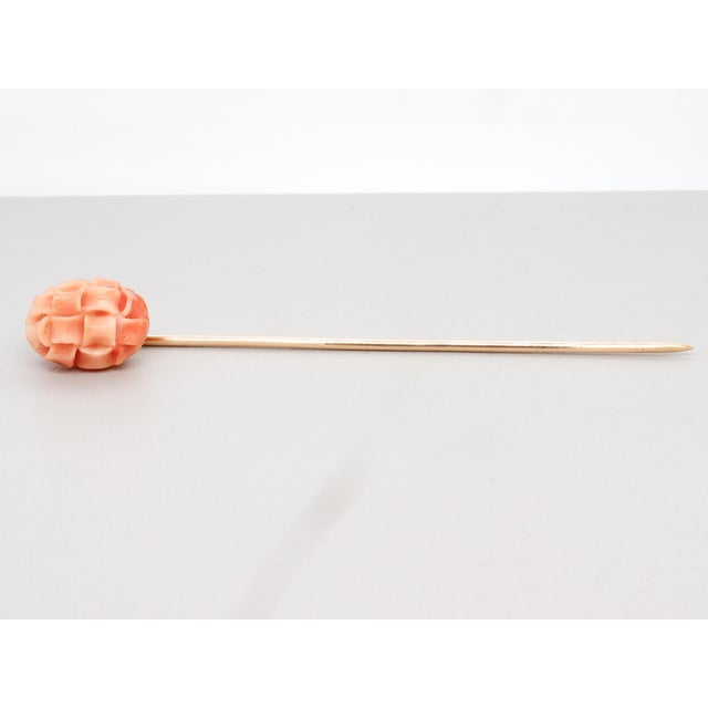 Gold Vintage 10k Gold & Carved Coral Bead Stickpin For Sale - Image 8 of 12