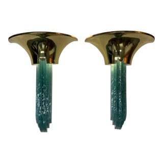 Karl Springer Purcell Brass + Aqua Glass Sconces, Pair For Sale
