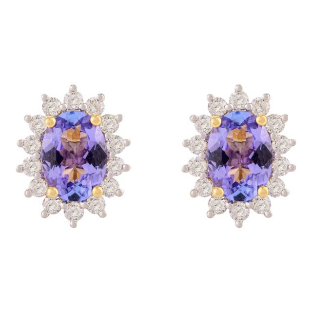 Oval Cut Tanzanite and Halo Diamond Stud Earrings, 2 Pieces For Sale