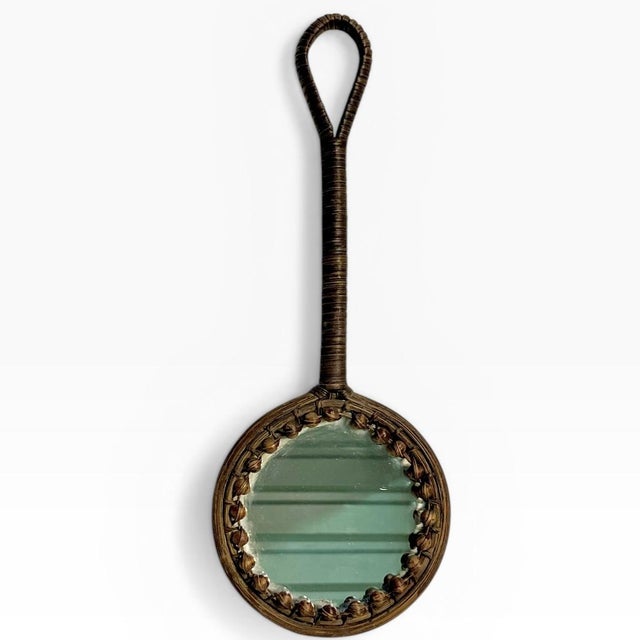 Vintage French Wicker Wrapped Hand Mirror With Decorative Beaded Frame For Sale - Image 12 of 13