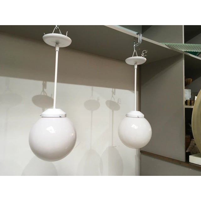Pair of Mid-Century Modern Feldman Globe Pendant Lights, Los Angeles, Refinished White & Milk Glass For Sale - Image 11 of 11