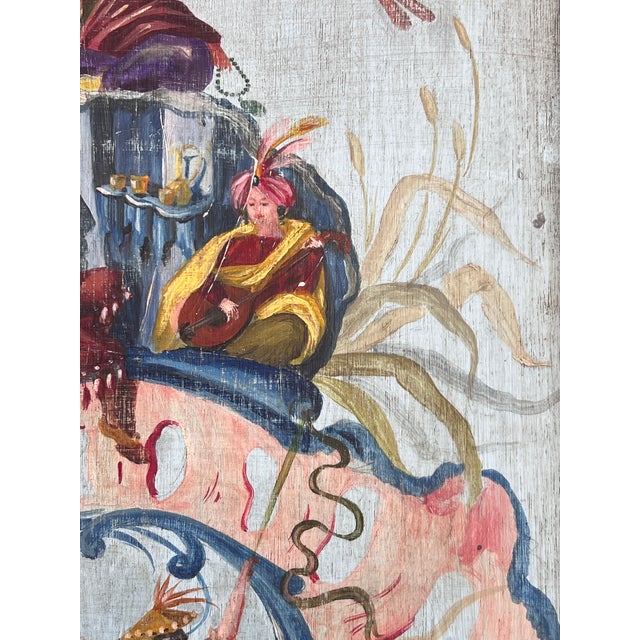 Fine French Chinoiserie Chic Figurative Whimsical Oil on Wood Painting in Gilt Frame For Sale In Palm Springs - Image 6 of 18