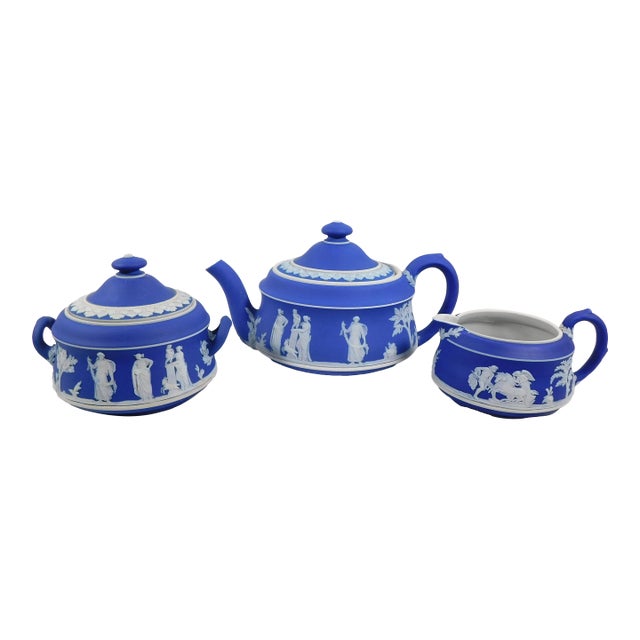 1960s Portland Blue Wedgwood Jasperware Teapot Sugar Bowl and Creamer For Sale