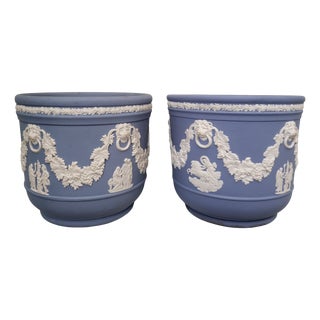 Mid-Century Blue Jasperware Cachepots with Neoclassical Reliefs by Wedgewood, 1950s, Set of 2 For Sale