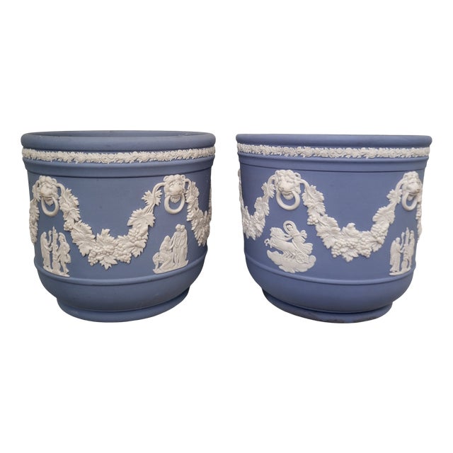 Mid-Century Blue Jasperware Cachepots with Neoclassical Reliefs by Wedgewood, 1950s, Set of 2 For Sale