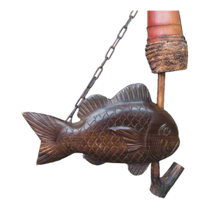 Fun Meiji Japanese Wood Carved Jizai Kagi Carp Hearth Kettle Hook With Bamboo Pole