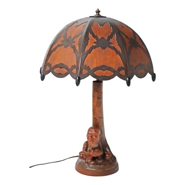 Black Forest Table Lamp with Handcrafted Dwarf and Magic Mushrooms, Germany, 1920s For Sale