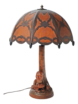 Black Forest Table Lamp with Handcrafted Dwarf and Magic Mushrooms, Germany, 1920s