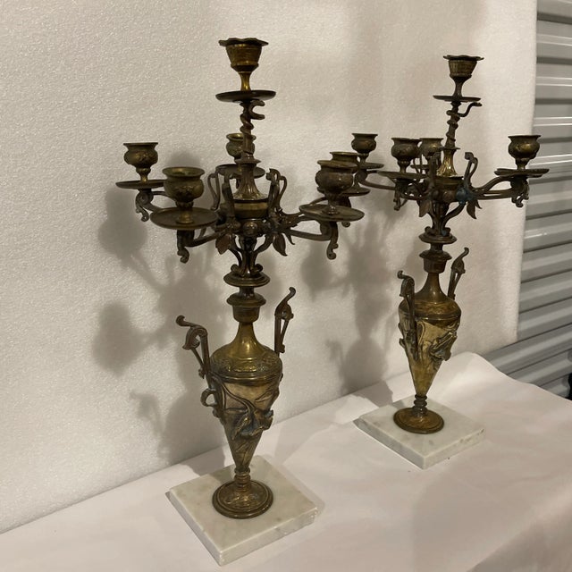 Fine French Art Nouveau Bronze Candelabra on Marble Bases - A Pair For Sale - Image 6 of 7