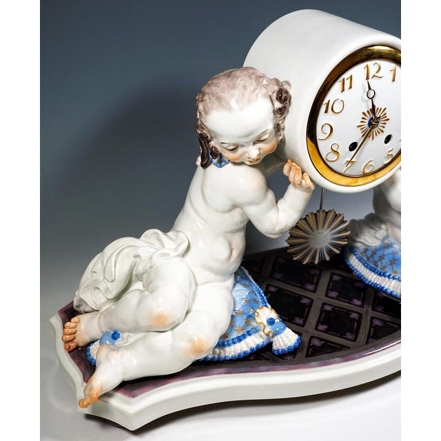 Vintage Art Deco Mantle Clock with Two Putti by Paul Scheurich for Meissen, 1920s For Sale - Image 4 of 13