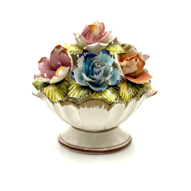 White Vintage Italian Hand Painted Porcelain Flower Topiary Basket For Sale - Image 8 of 8