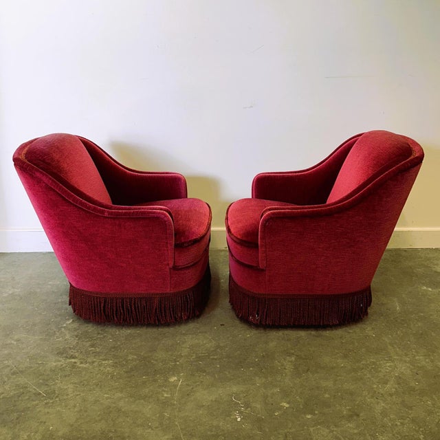 Vintage French Club Chairs in Red Velvet with Fringe Skirts, 1960s, Set of 2 For Sale - Image 4 of 14