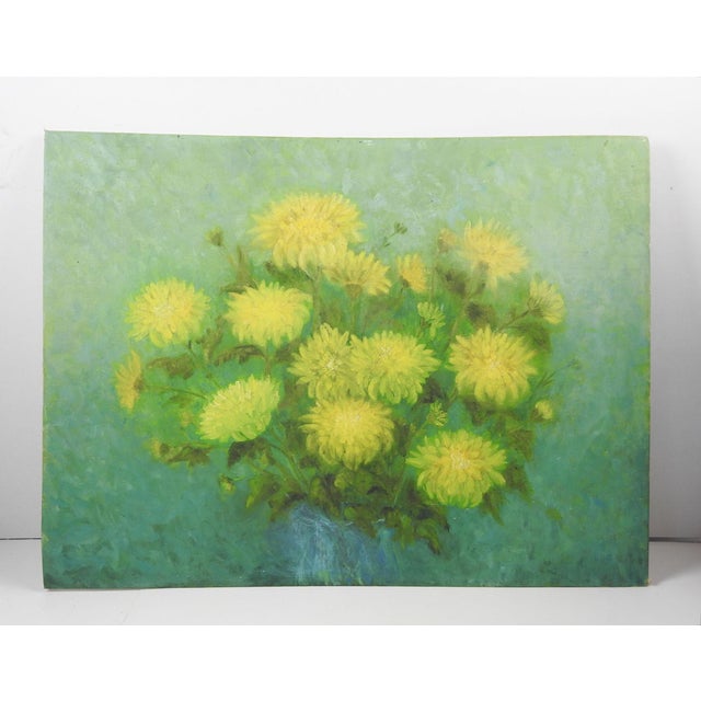 Oil on canvas board still life with yellow flowers and turquoise background. Unsigned. Unframed, edge wear.