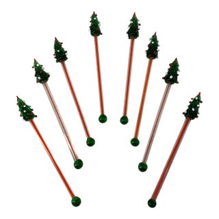 1960s Glass Christmas Tree Cocktail Stir Sticks Holiday Barware Set Attributed to Georges Briard Set of 8 For Sale