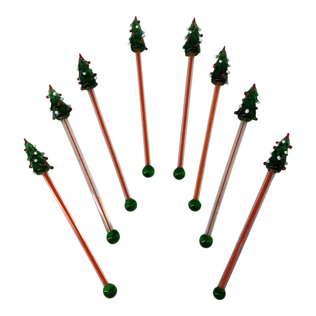 1960s Glass Christmas Tree Cocktail Stir Sticks Holiday Barware Set Attributed to Georges Briard Set of 8 For Sale