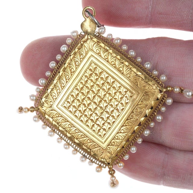 Spanish 20ct Gold Antique Spanish Colonial Religious Enamel Pendant With Natural Pearls For Sale - Image 3 of 3