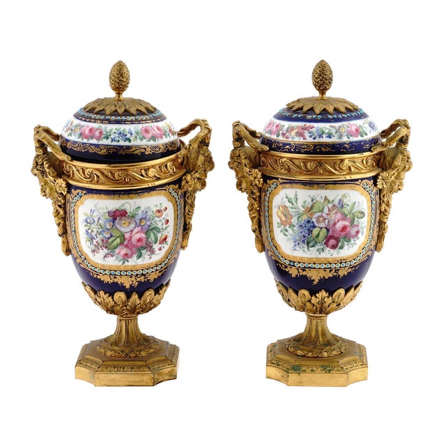 1880s French Sevres Style Blue Ormolu Porcelain Urns-Pair For Sale - Image 6 of 13