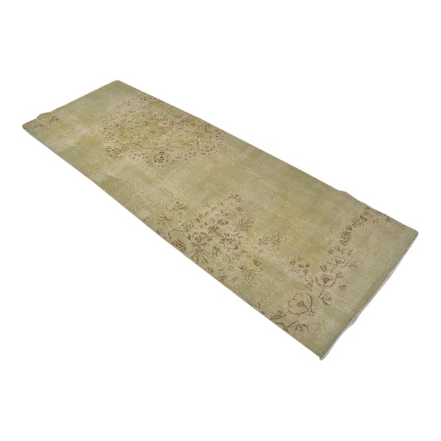 1960s Faded Green Turkish Hallway Runner, Hand-Knotted Wool, Organic Distressed Texture For Sale