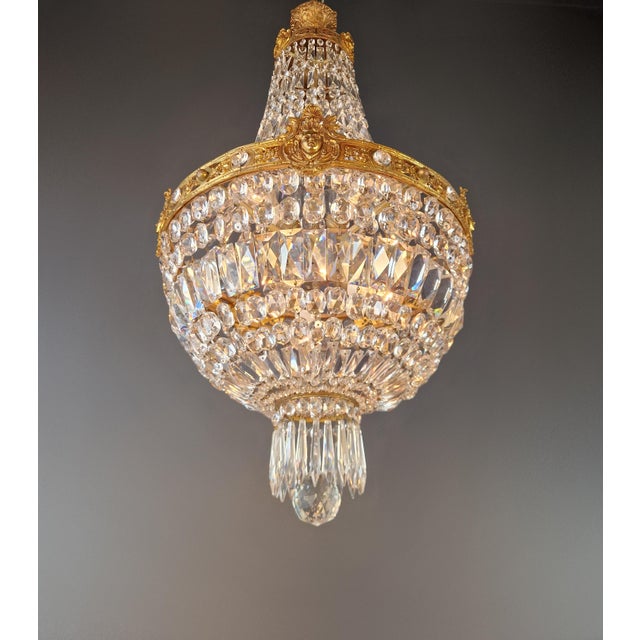 Baroque Putti Face Empire Chandelier Crystal Gold Basket Antique Brass Classic For Sale - Image 3 of 11