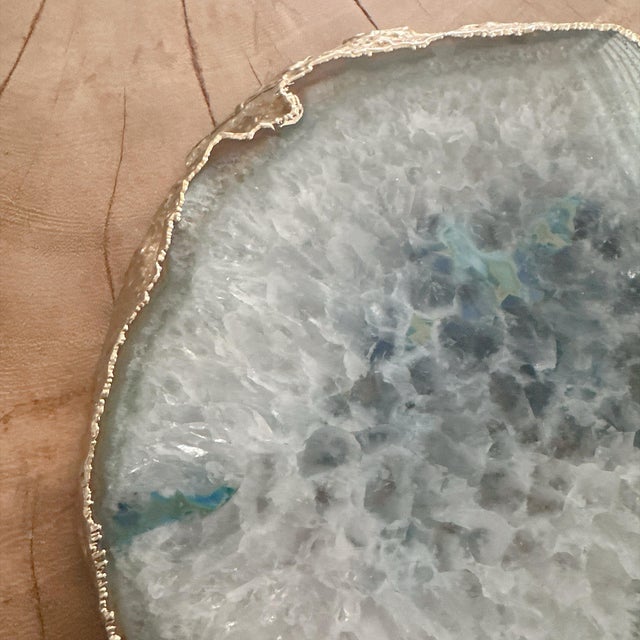 Large Blue Agate Geode Slice 11” Natural Crystal Slab Gold Edge For Sale - Image 11 of 12