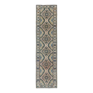 Teal, Green, Blue and Yellow Vintage Turkish Oushak Runner With Geometric Design For Sale