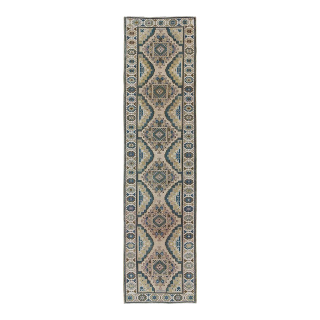 Teal, Green, Blue and Yellow Vintage Turkish Oushak Runner With Geometric Design For Sale